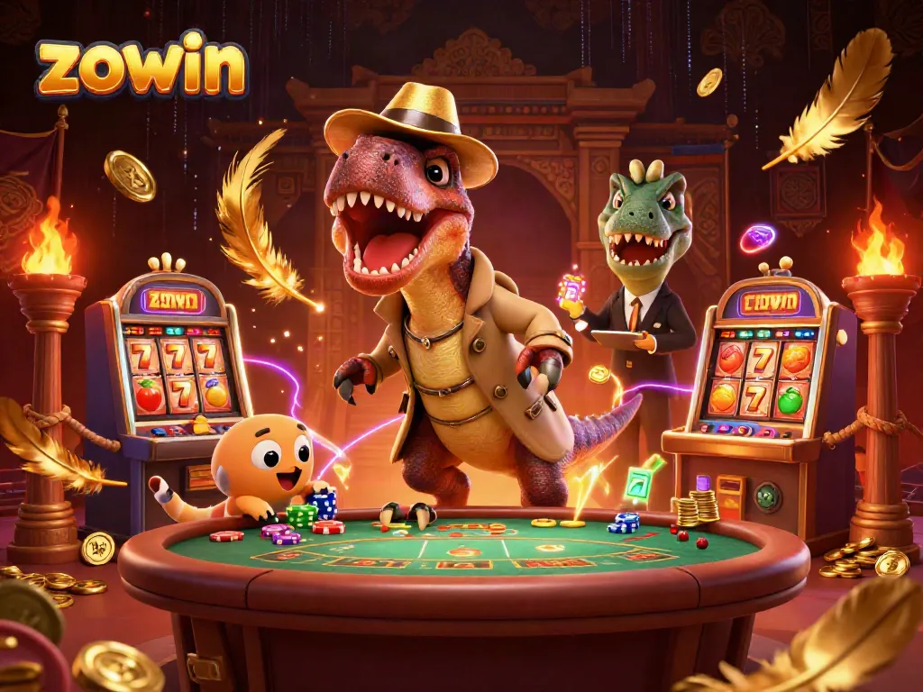 Engaging scene featuring a velociraptor card counter at a blackjack table amidst swirling golden coins, embodying the excitement of the zowin casino.