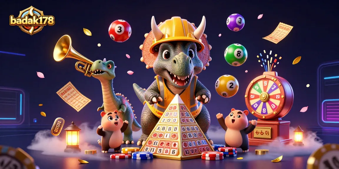 badak178 celebrates with a triceratops building poker chip pyramids amidst colorful lottery games
