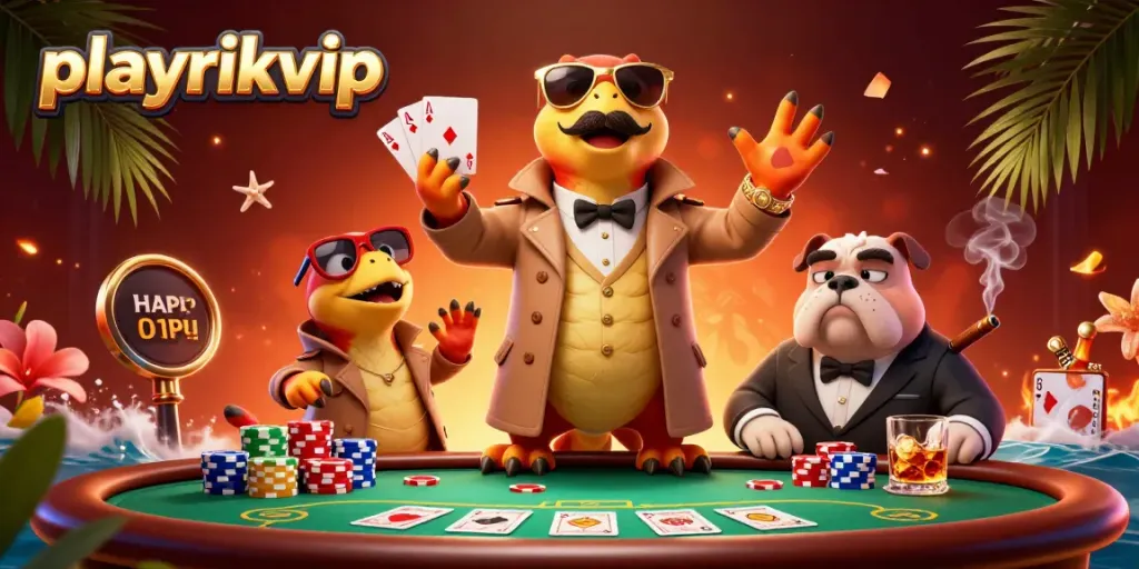 Experience playrikvip with raptors in a trench coat attempting VIP entry at a vibrant casino scene.