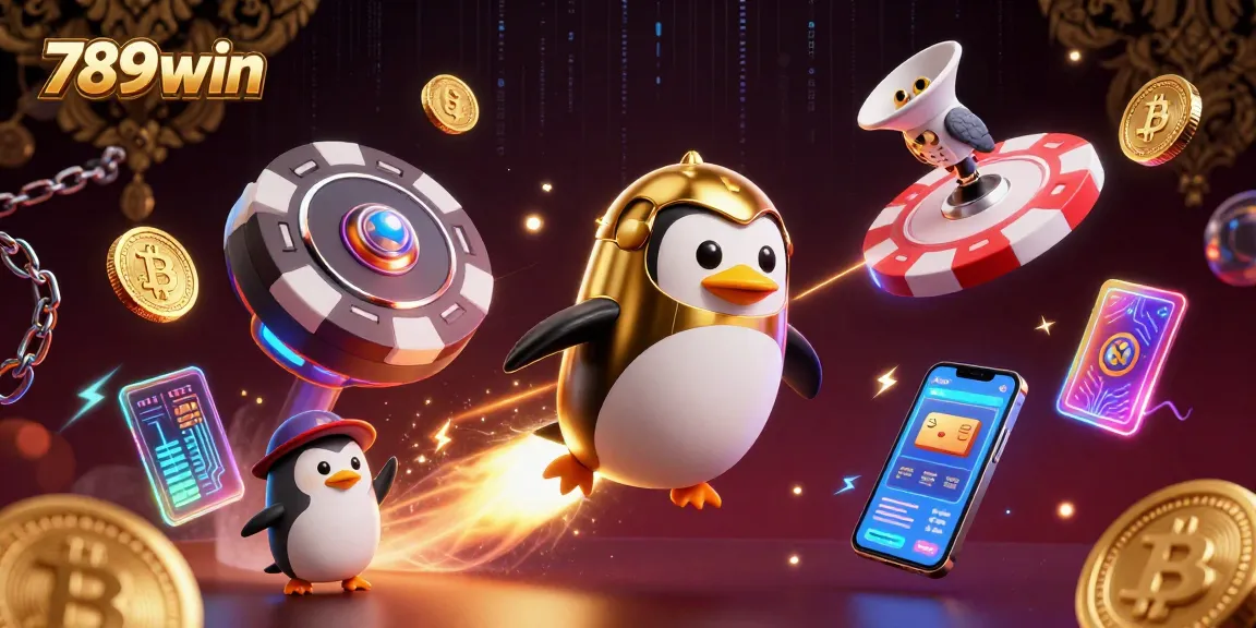 Experience thrill with 789win as the golden penguin races through a vibrant casino-themed universe.