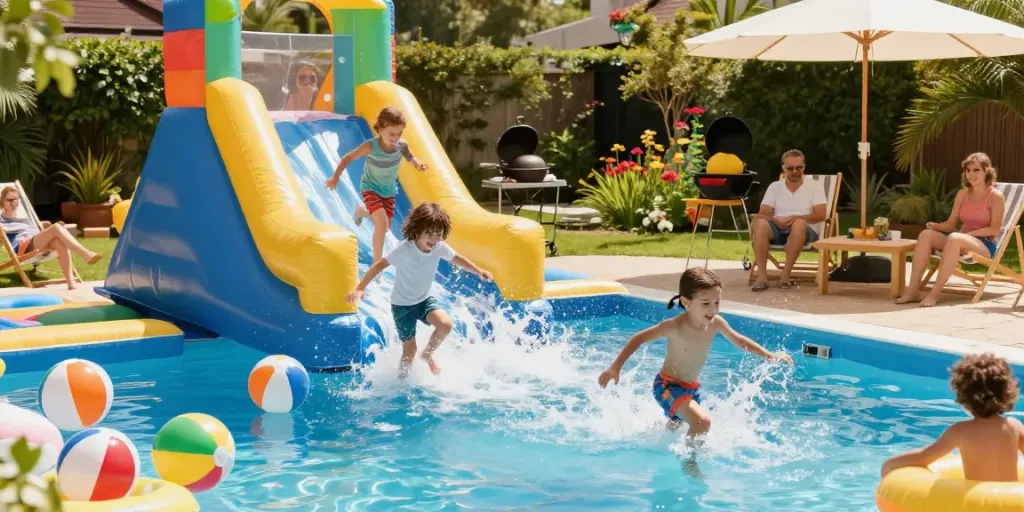 Children enjoying inflatable water slides at a vibrant summer pool party.