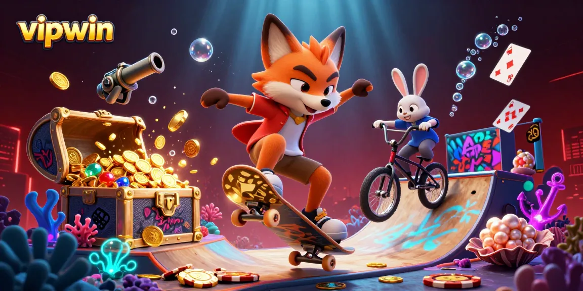 Engage with vipwin’s vibrant casino atmosphere showcasing a fox and rabbit in action.