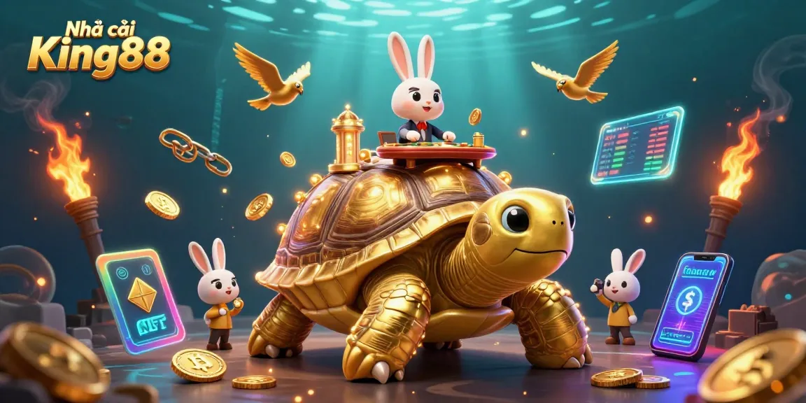 Engage with Nhà cái King88 at an enchanting casino experience featuring a golden tortoise and rabbit dealer.