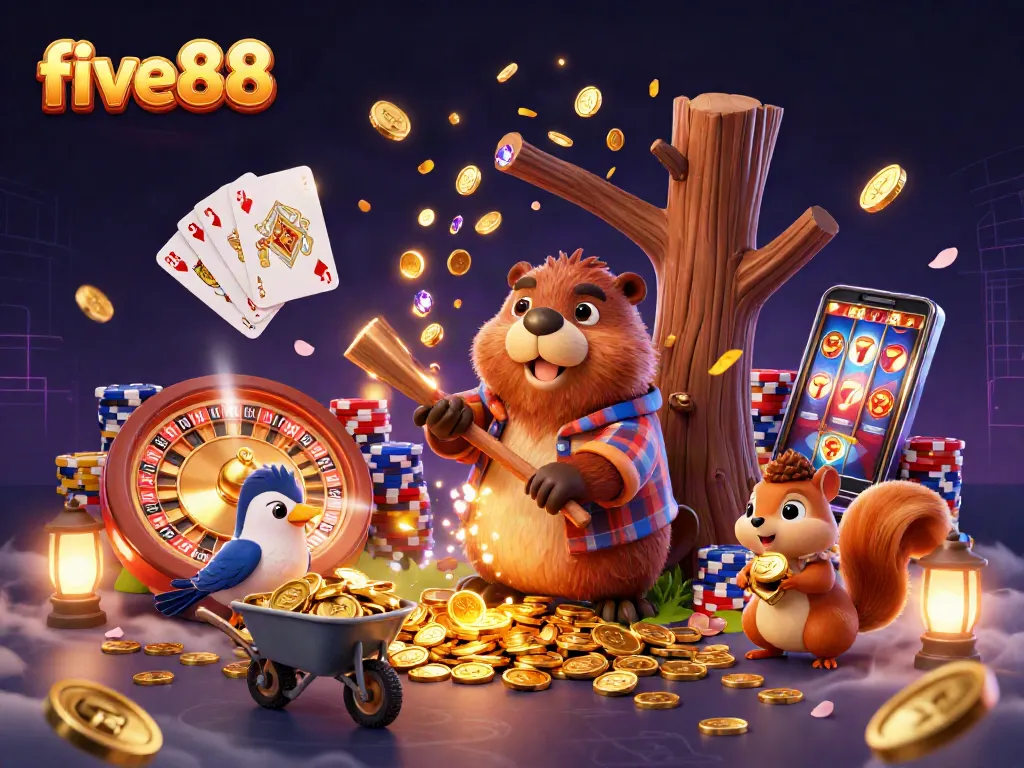Experience the thrill of five88 with a vibrant gaming scene featuring a beaver and friends collecting coins.
