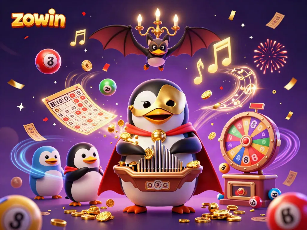 Engage with Zowin's dynamic casino atmosphere featuring a cartoon penguin and lucky lottery elements.