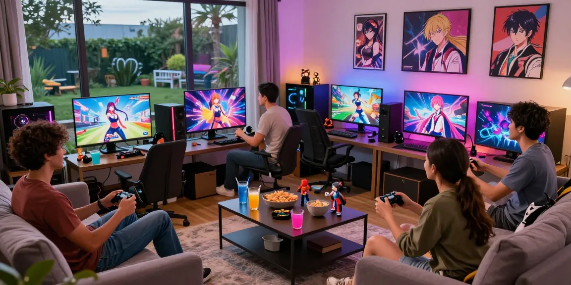 Friends enjoying ecchi games on high-end gaming setup in a cozy living room.