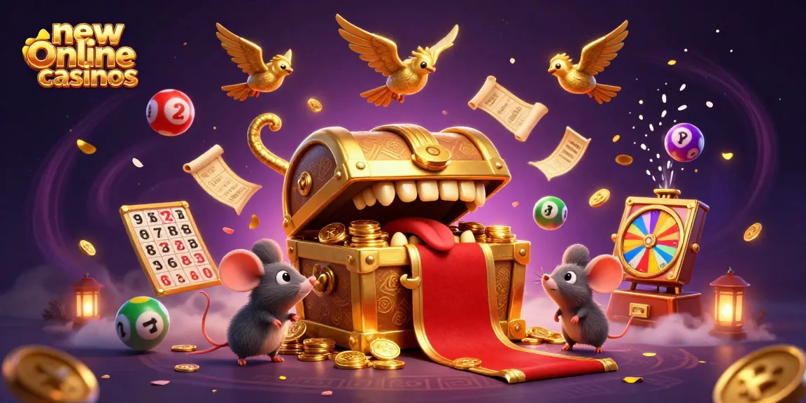 Engage in new online casinos with vibrant 3D illustration of adventurer mice and colorful gaming elements.