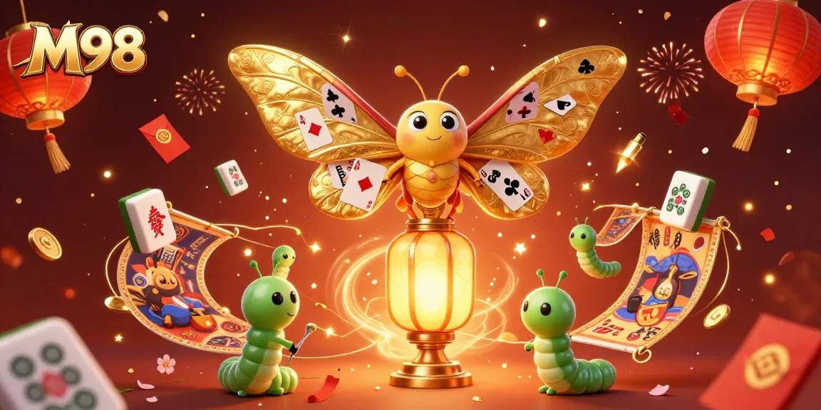 Engage with the vibrant M98 casino scene featuring a moth and golden elements.