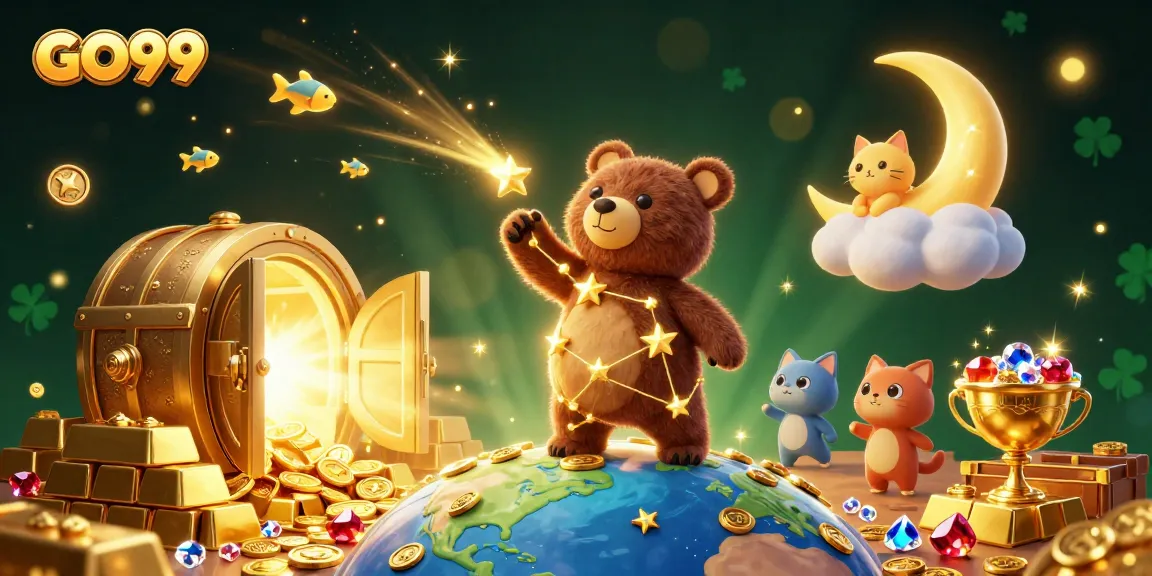Experience thrill and winnings at GO99 with a dynamic casino-themed illustration full of treasures.